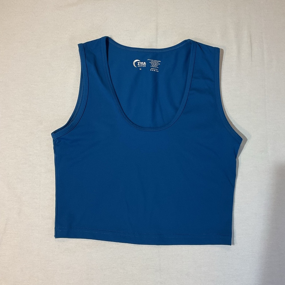 Zyia Women's Activewear Blue‎ Crop Tank Top Scooped Neck, Size M Sport Full Back